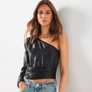 MNG Mango Black Metallic Shimmer One Shoulder Blouse NWT